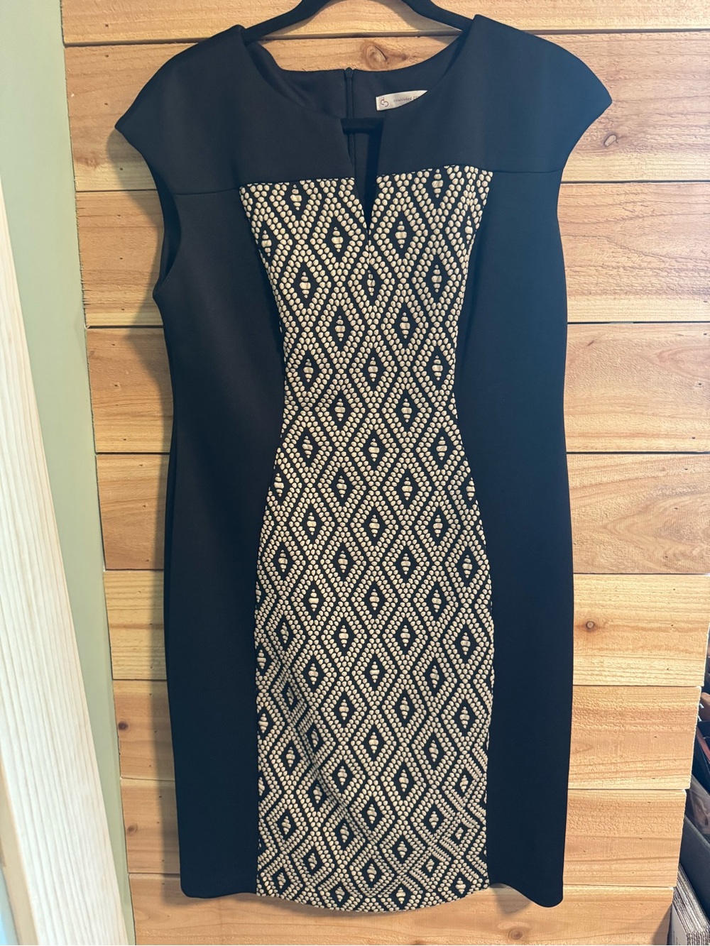 Black Geometric Sheath Dress Size 12 Career Chic Midi